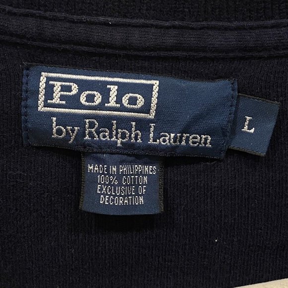 POLO RALPH LAUREN Men's Sweater NAVY BLUE 1/4 Zip Cotton Pullover Brown Logo L - Picture 3 of 6